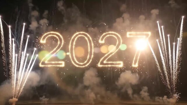 2027 new year celebration glowing sparklers text fireworks dark background