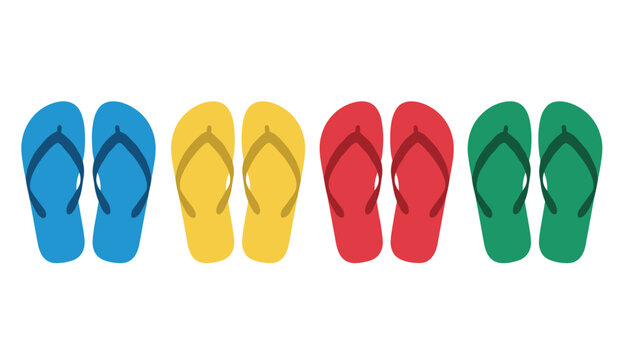 Set of four pairs of colorful summer flip flops in blue, yellow, red, and green isolated on a white background.