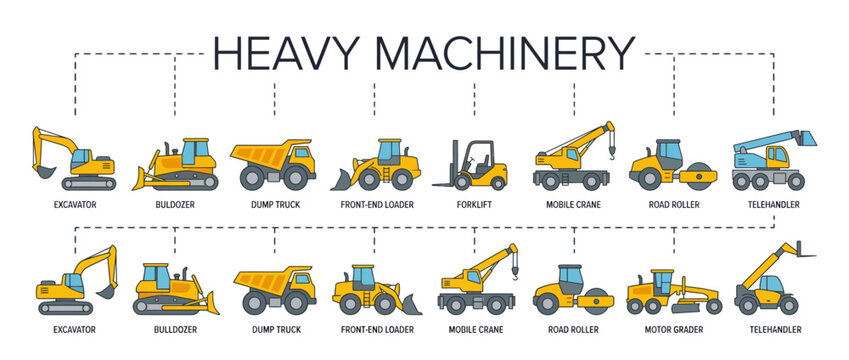 Heavy machinery construction vehicles set, industrial equipment vector icons, yellow excavator and dump truck.