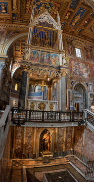 Rome, Italy - April 10, 2026 - Complete Gothic Baldachin Featuring the Statue of Saint John the Baptist Inside the Lateran Basilica, Rome