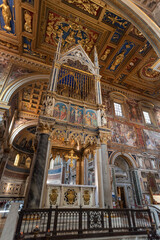 Rome, Italy - April 10, 2026 - Detailed View of the Ornate Gothic Architecture and Sculptural Elements of the Lateran Basilica Baldachin, Rome © imagoDens