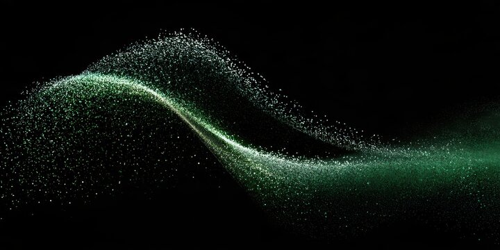 Parallel streams of neon green and white particle noise, textured flow on black