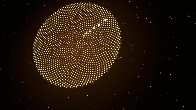 Golden ratio spiral of glowing gold dots blooming on black, sunflower fibonacci pattern, luxury abstract motion background