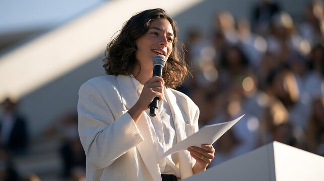 confident businesswoman delivering a keynote speech on stage with a microphone representing government policy conference and persuasive communication