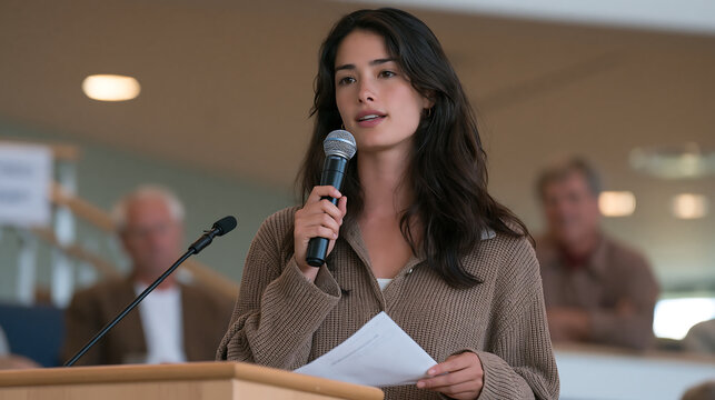 confident businesswoman delivering a keynote speech on stage with a microphone representing government policy conference and persuasive communication
