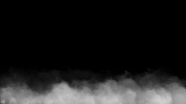 Smoke Fog Overlay White Dense on Black Background Video Footage. VFX Realistic 4K Billowing Heavy Rolling Steam Mist Cloud for Cinematic Horror Stage Film