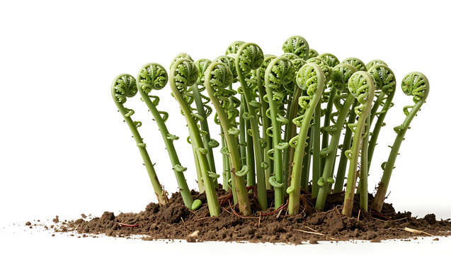 New fern fronds unfurl from dark soil, showcasing their tightly coiled fiddleheads in the spring.