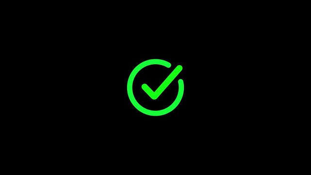 Green color tick mark icon animated on a black background, an animation of a green checkmark appearing on a green circular plate Motion graphics for success and recognition.
