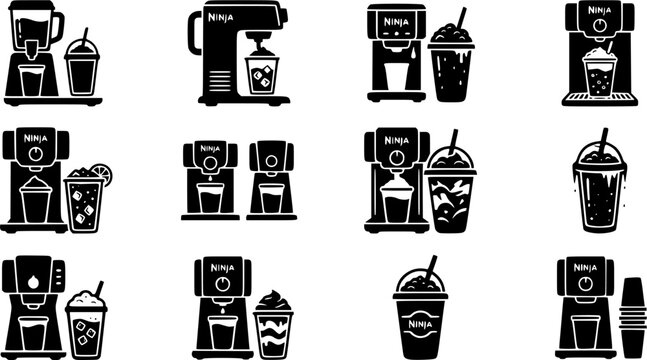 Ninja Slushie Machine & Frozen Cup Silhouette Icon Set. Collection of food & culinary silhouettes, including ninja slushie machine & frozen cup, detailed dirty soda and copycat drink shapes, and more.