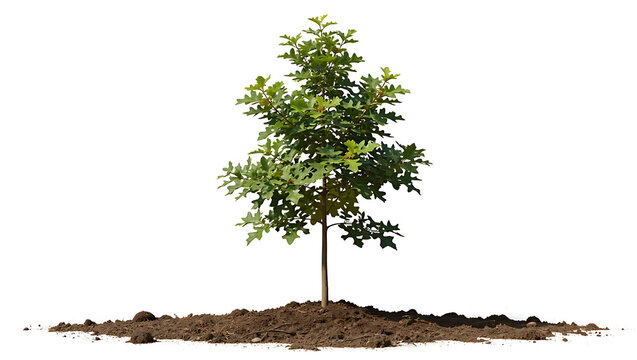 A small oak sapling with green leaves stands on a pile of rich brown soil.