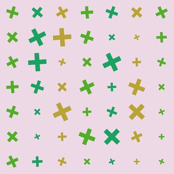 A seamless pattern featuring a grid of green and yellow plus signs of varying sizes on light cross d
