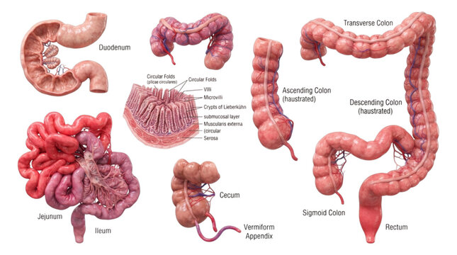 Educational medical illustration showing human digestive system organs with labels and parts