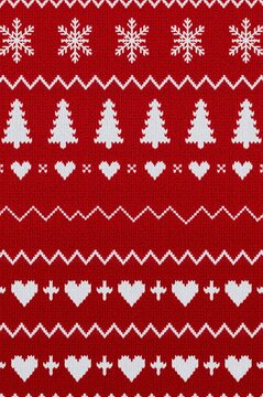 Red knitted christmas sweater pattern with snowflakes, trees, and hearts