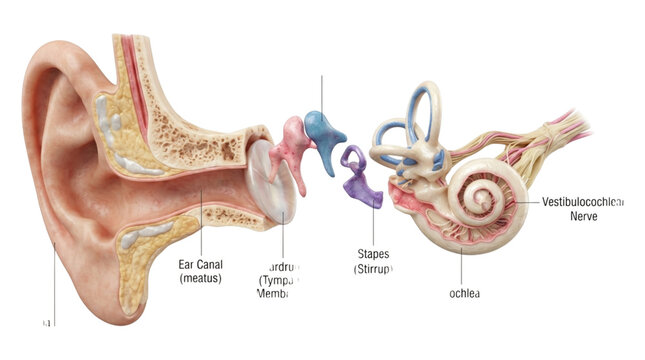 Detailed medical illustration showing human ear anatomy with labeled parts for health education