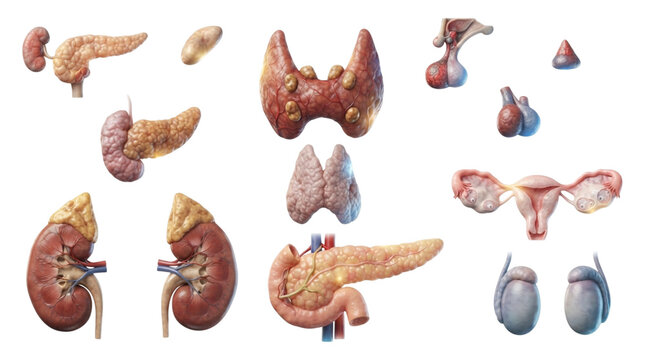 Set of human internal organs including thyroid kidney pancreas and reproductive system parts