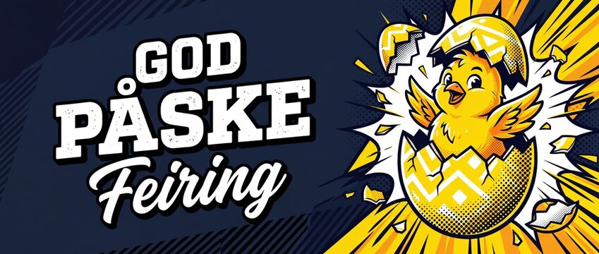 Easter chick hatching egg banner with God Paske Feiring text in comic book pop art style explosion background for fun dynamic Scandinavian spring holiday celebration vector illustration background