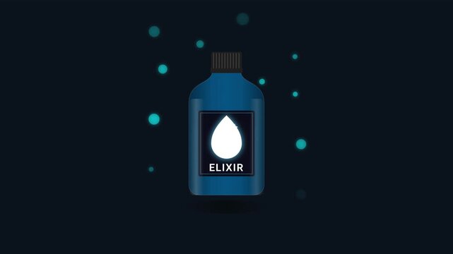 Animated blue elixir potion bottle with glowing magic bubbles