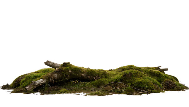 A pile of moss-covered branches and logs sits on a white background, suggesting forest floor debris.