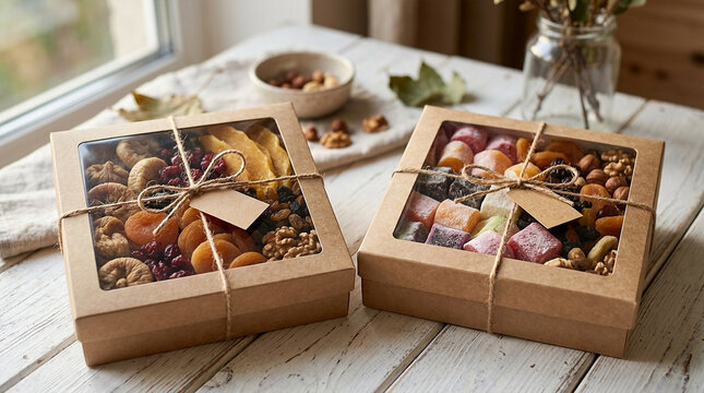 Gourmet assorted mixed dried fruits and nuts in elegant gift boxes on a rustic wooden table