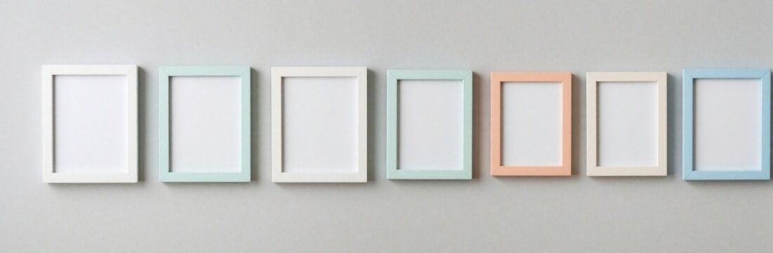 Row of empty colorful picture frames on gray wall. Seven blank rectangular frames in pastel mint white peach, blue colors. Minimalist interior mockup for photo display art gallery collection. Modern