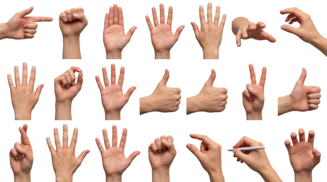 Set of human hands showing various gestures and finger signs in different positions collection