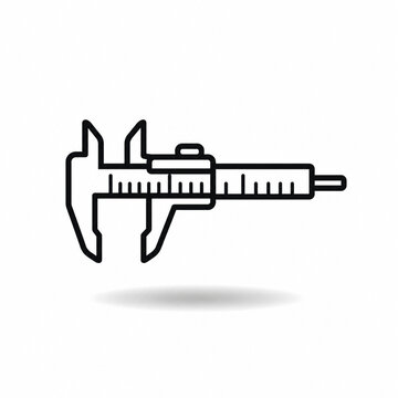 Minimal black line art caliper icon floating over soft shadow on white background