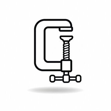 Minimal black line art clamp icon floating over soft shadow on white background
