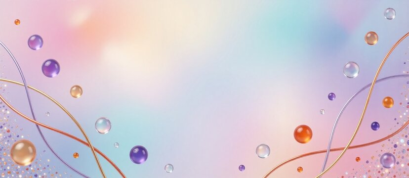 Abstract festive background with glossy bubbles, flowing golden lines, and sparkling accents against a soft pastel gradient.