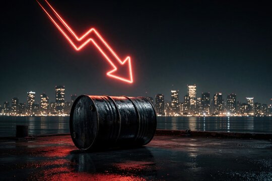 Black oil barrel lies on wet pier at night. Glowing red arrow points down towards barrel over dark city skyline. Crude energy price crash concept shows market downturn, economic crisis, falling fuel