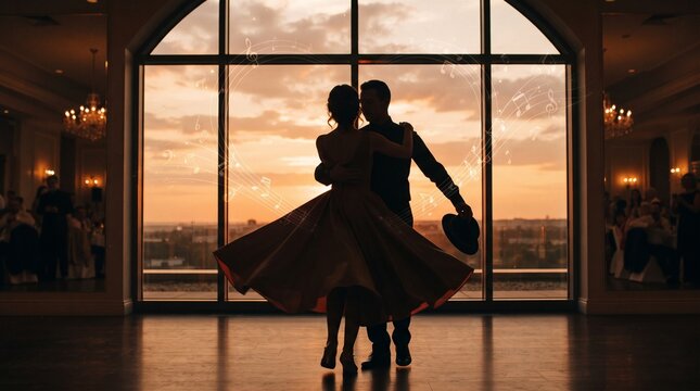 Couple dancing romantically at sunset with musical notes forming a heart shape