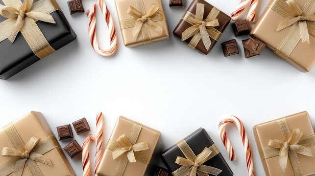 Beautifully wrapped gifts in red, green, and white sit among candy canes and pine needles, creating a cozy holiday scene