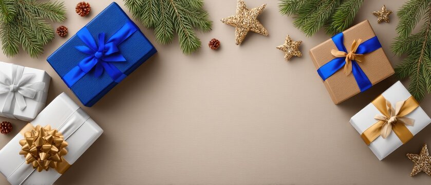 Colorful wrapped gifts are arranged with natural decorations, creating a warm and inviting ambiance for a joyful occasion