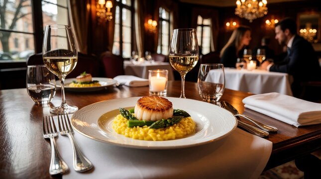 Gourmet scallop dish with asparagus, risotto on wooden dining table. White wine glasses, lit candle set cozy mood in fine dining restaurant. Blurred couple enjoy romantic evening meal near window in