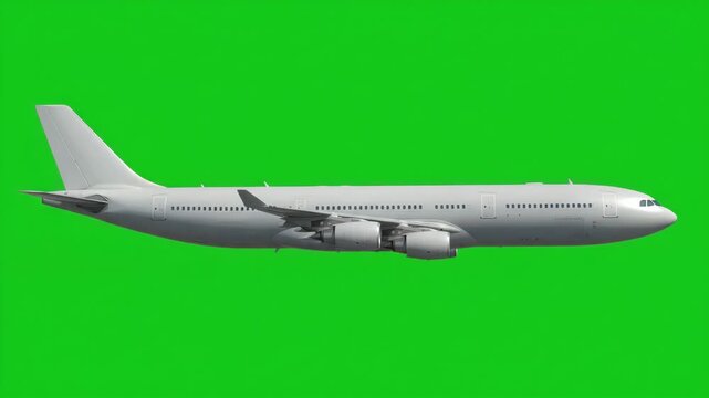 Large white passenger airplane flying in side view isolated on a green screen chroma key background. Modern four-engine jet airliner is perfect for video editing and background replacement.