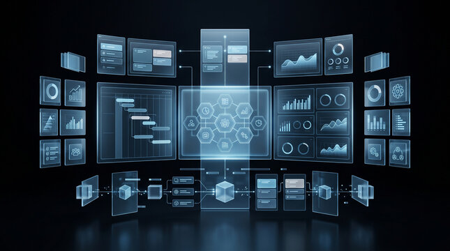 Digital interface with holographic data visualization panels and process flow charts in dark virtual space with complex holographic interface displays various analytical charts