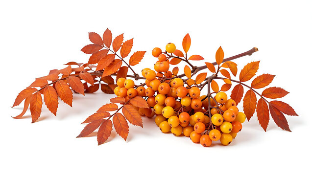 Autumn rowan berries and leaves are depicted against a clean white background.