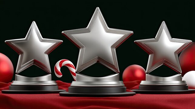 Various geometric shapes and a candy cane are arranged on a green background, creating a playful and festive display