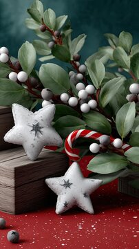 Stars made of white material rest beside festive greenery, candy canes, and rustic wooden boxes, capturing a warm holiday feeling