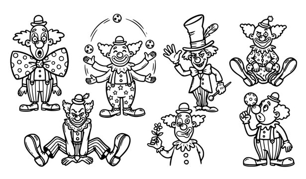Funny clown doodle set with six hand drawn circus characters in black and white