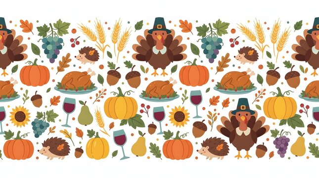 Festive thanksgiving seamless pattern featuring autumn harvest produce and cheerful depictions of early pilgrims