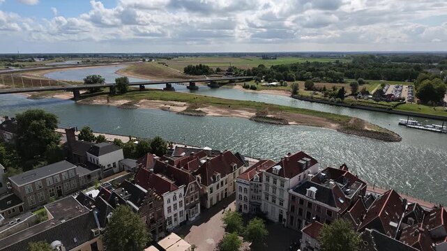 Elevated view of IJssel river flowing past Deventer water meadows
