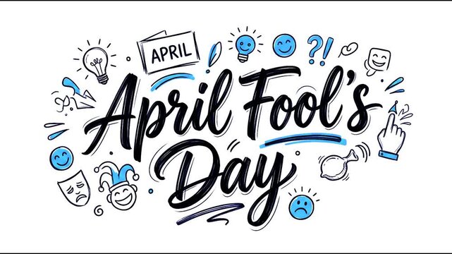 April Fool's Day hand drawn lettering typography illustration with jester hat, pranks, comedy masks and funny doodles vector background.
