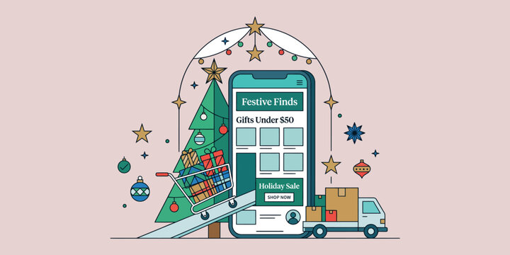 Mobile app holiday shopping concept with smartphone and delivery truck