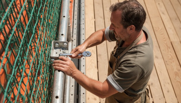 Focused construction worker tightening clamp on scaffolding pole with ratchet wrench near green safety net and wooden planks, professional scaffolding trade with copy space for text