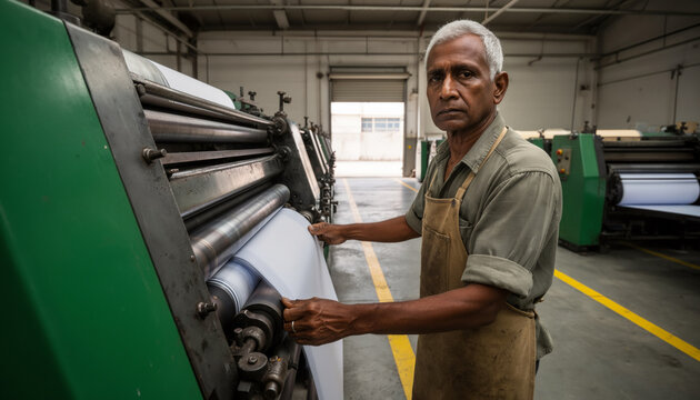 Serious printing press operator in apron holding paper roll beside industrial printing machine looking at camera, professional printing industry career with copy space for text