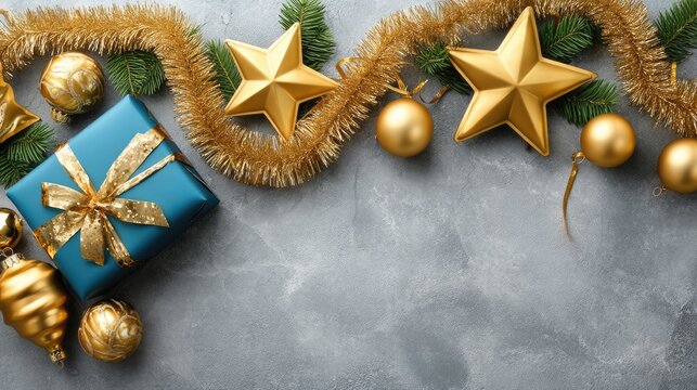 Golden baubles and seashells are creatively arranged on a dark background, adding a festive touch to holiday decorations
