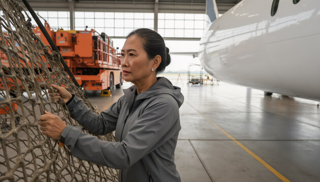 Focused aircraft ground crew worker adjusting cargo net inside hangar next to white airplane and orange vehicle, professional aviation industry career with copy space for text