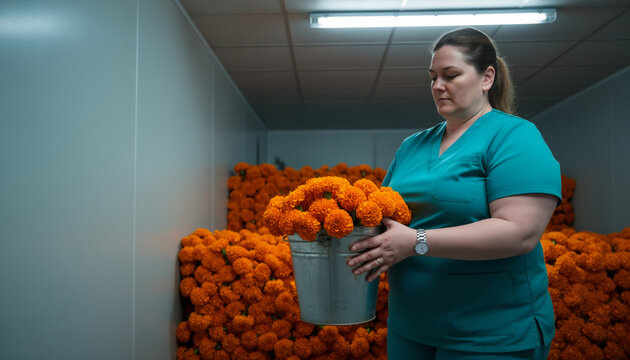 Focused flower storage worker in teal scrubs carrying metal bucket of orange marigolds inside cold room filled with flowers, professional floral industry career with copy space