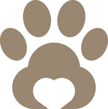 Pet paw print icon with a heart shape inside. Cute vector logo for animal care, veterinary clinic, or dog and cat rescue. Simple brown footprint graphic representing love for domestic pets.