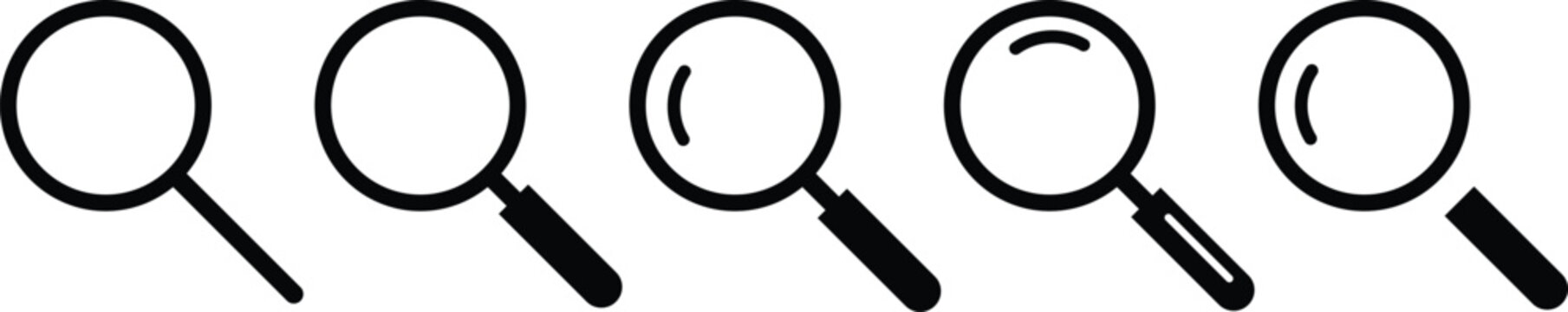 Set of magnifying glass search icons in various styles. Black vector silhouettes for website interface, zoom functions, and research analysis. Clean design elements for UI and UX navigation.
